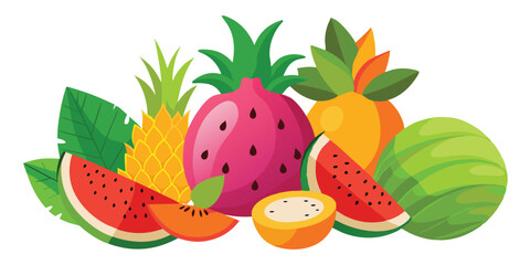 Vibrant and colorful tropical fruit composition displaying pineapple watermelon dragon fruit and papaya ideal for summer vacation illustration set