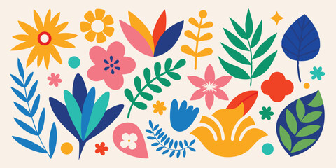 Vibrant and playful collection of hand-drawn floral and foliage elements perfect for a summer vacation illustration set design projects