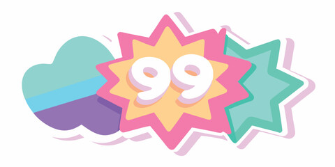 Vibrant and playful digital illustration featuring the number 99 centered within eye catching starburst shapes and a cloud design perfect for a summer vacation illustration set.