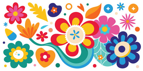 Vibrant and playful summer floral illustration featuring a collection of colorful flowers suitable for graphic design projects