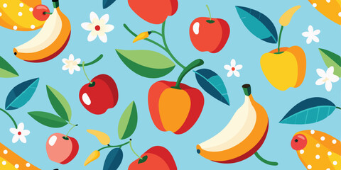 Vibrant and playful summer fruits with flowers and leaves illustration seamless pattern in flat design suitable for various design projects