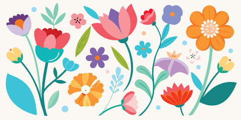 Vibrant and playful vector illustration featuring a collection of stylized colorful flowers and greenery elements perfect for summer vacation projects