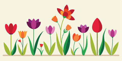 Vibrant floral arrangement with blooming tulips and various flowers in a flat design style summer vacation illustration set