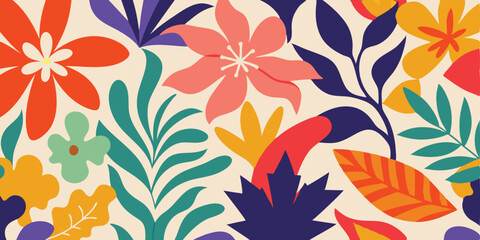 Vibrant botanical illustration featuring stylized flowers and leaves, perfect for a seamless pattern and ideal for your summer vacation illustration set.