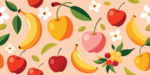 Vibrant flat design seamless pattern featuring bananas cherries blossoms and leaves in an eye catching arrangement suitable for design projects