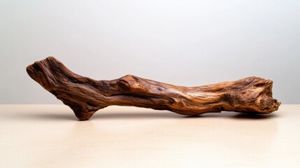 Fototapeta premium A lengthy piece of driftwood showcases its natural textures and colors, placed thoughtfully on a light-colored table. The bright setting enhances its organic beauty, ideal for decoration