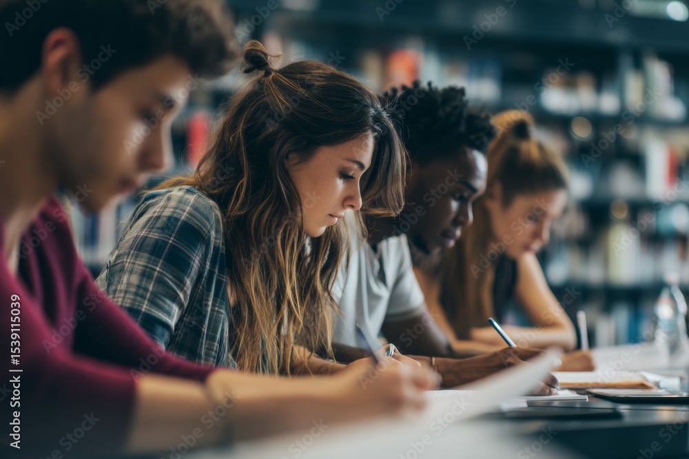 Poster close-up view of a group of students intensely studying in a library. they are collaborating, taking