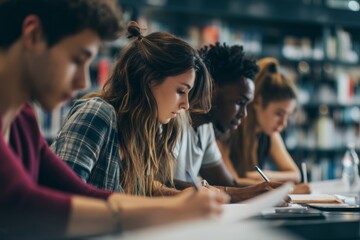 Close-up view of a group of students intensely studying in a library. They are collaborating, taking notes, and preparing for an upcoming exam in a quiet, academic environment