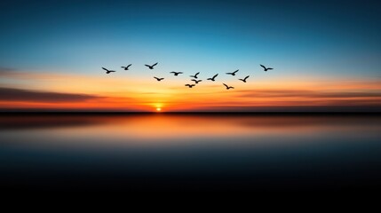 Colorful twilight sky glows with shades of orange and blue as birds fly in formation above a peaceful body of water reflecting the vibrant hues