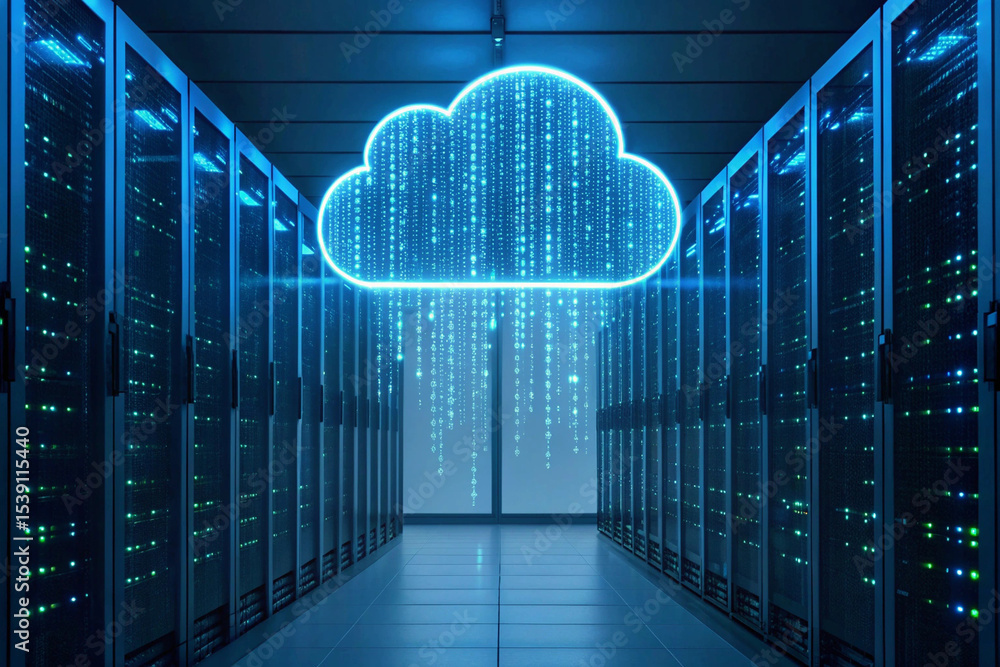 Poster data center servers and cloud computing network - digital technology concept