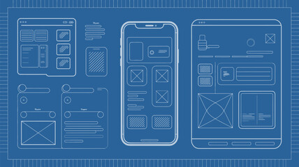 Blueprint app design user interface ux ui mobile application wireframe layout development process flow chart editable stock vector illustration