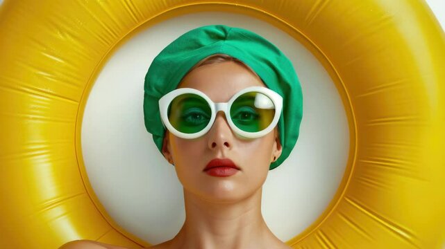A woman in a green turban and white sunglasses posing with floatie rings.