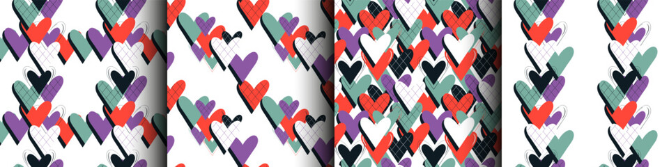 5 color Tartan Hearts seamless pattern set, wafer cookies texture, original drawn textile saint valentine's day wallpaper for wrapping paper, greeting card, invitations