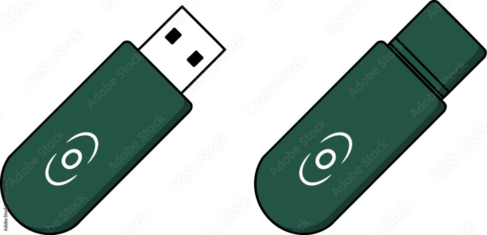 Poster illustration of usb flash drive storage device for data transfer and backup with cap and without cap