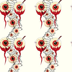 Coiled barbed wire and creepy crazy red eyeballs nail in it barbed wire around, Halloween seamless pattern texture