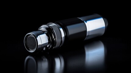 A sophisticated vape device lies on a reflective surface, emphasizing its sleek design and metallic finish. The distinct features hint at advanced technology and user experience