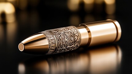 A meticulously crafted pen rests on a shiny black surface, displaying elegant engravings and a sophisticated design. The golden hues reflect light, enhancing its beauty