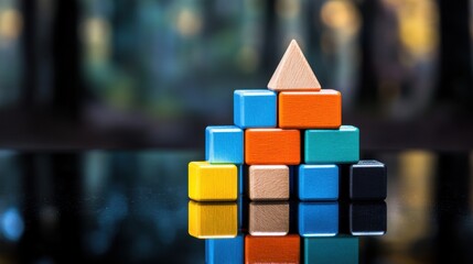A variety of colorful wooden blocks are stacked to form a pyramid shape on a shiny surface. The background features blurred trees, creating a serene outdoor atmosphere on a sunny day