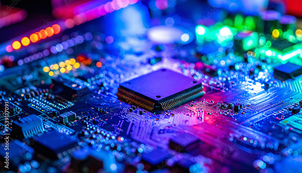 Poster closeup of a vibrant, illuminated circuit board featuring a central microchip. represents technology