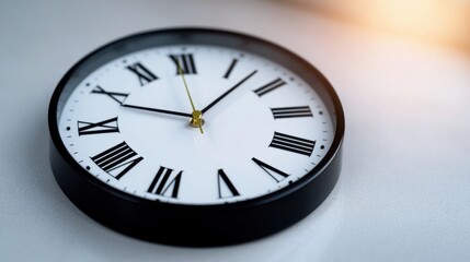 A circular clock with Roman numerals shows the time clearly. It features a simple black frame and a white face, highlighting its classic design against a light background