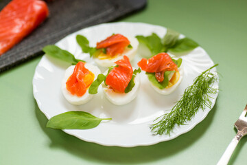 Delicate appetizer with salmon, eggs and dill on a green background