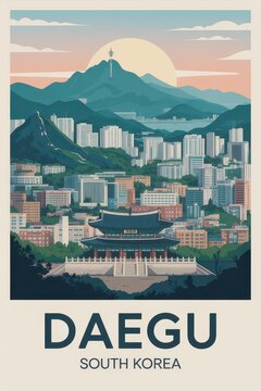 Vintage Travel Poster of Daegu City and Mountain Landscape, South Korea