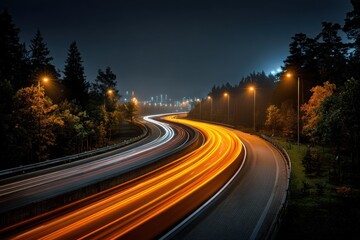 Nighttime highway scene with light trails and curving road through a wooded area