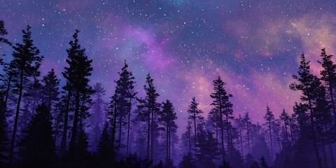 Silhouette of trees under a starry night sky with purple and blue hues and a visible milky way