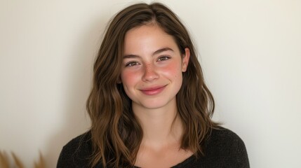 Portrait of a young woman with shoulder-length brunette hair. she is smiling and looking directly at the camera. her hair is styled in loose waves and falls over her shoulders.