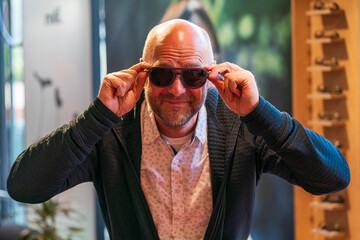 Happy man with bald head and sun glasses at shop 