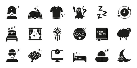 Sleep And Relaxation Solid Icon Set. Bedtime Routine, Dreaming, And Restful Sleep Silhouette Symbol Collection. Sleep Hygiene And Nighttime Habits. Isolated Vector Illustration