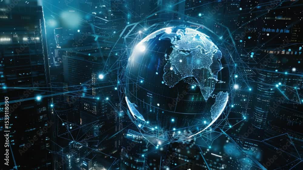 Poster a futuristic digital cityscape with a globe representing the interconnected global network.