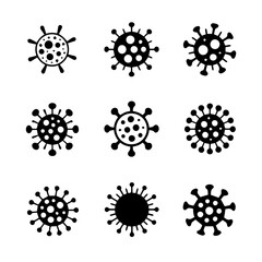 Set of nine black coronavirus icons with various spike protein shapes, displayed in a grid on a white background. The simple vector design represents virus structure, infection, and pandemic awareness
