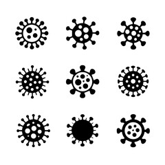 Set of nine black coronavirus icons with various spike protein shapes, displayed in a grid on a white background. The simple vector design represents virus structure, infection, and pandemic awareness
