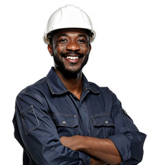 Young African-American male industrial worker wearing blue uniform and white hardhat, isolated on white or transparent background
