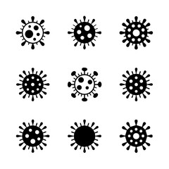 Set of nine black coronavirus icons with various spike protein shapes, displayed in a grid on a white background. The simple vector design represents virus structure, infection, and pandemic awareness