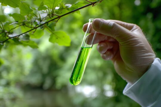 A scientist examines a test tube filled with vibrant green liquid while surrounded by rich vegetation. This outdoor activity highlights the connection between science and nature - Powered by Adobe