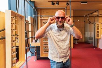 Happy man with bald head and sun glasses at shop 