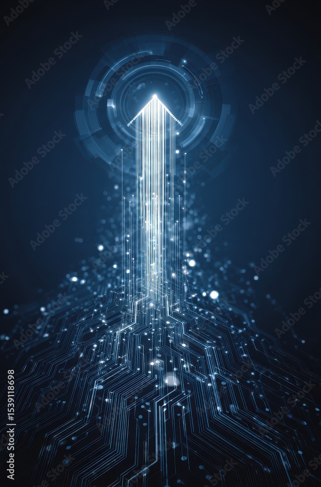 Poster futuristic technology concept with an upward arrow and digital network elements