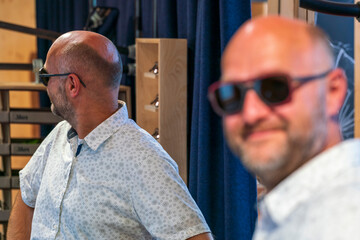 Happy man with bald head and sun glasses at shop 