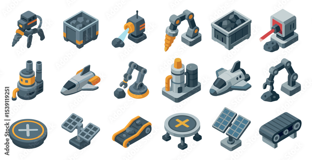 Poster robotics and tech isometric icons set – 3d, automation, engineering graphics