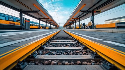 Obraz premium Train station platform, tracks stretching into distance
