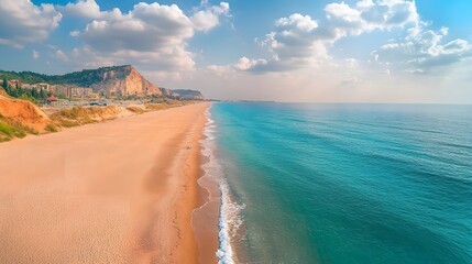 Wide-angle of the long sandy beach and dunes near Side, peaceful horizon