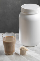 Protein shake. Chocolate flavored protein powder, dietary supplement.