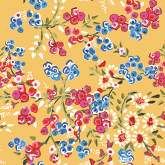 Raw pastel drawing design flowers field, wildflower floral blossom bloom seamless pattern on yellow. Embroidery soft background spring ditsy floral print	
