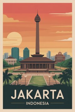 Retro Travel Poster of Jakarta Skyline with Monas Tower, Indonesia