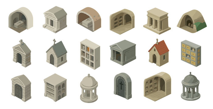 Mausoleum and crypt isometric icons set – burial, tombstone, sepulcher symbols