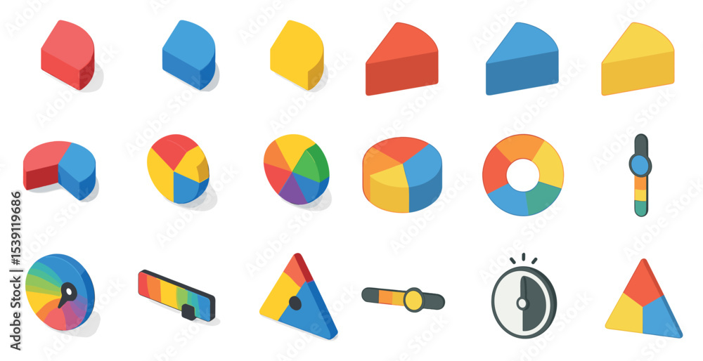 Poster colorful 3d icons set for data visualization – analytics, charts, graphs