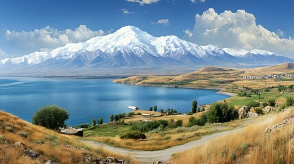 Wide-angle shot of Lake Van with snow-capped mountains in the background
