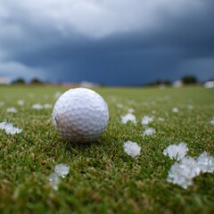 A golf ball rests in the lower right corner of a picture. Next to it, a piece of hail is almost touching it. The grass is green, but the sky looks stormy. 